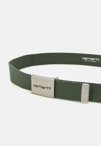 Zelený tkaný opasek s kovovou přezkou v stříbrné barvě, na které je vyraženo logo Carhartt, navržený pro odolnost a bezpečné zapínání.