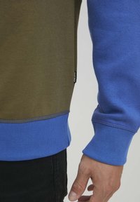 Felpa bifasica; corpo verde oliva con maniche blu. Polsini e orlo a costine. Dettagli di cucitura sottili. Etichetta sul lato. Materiale in misto cotone.