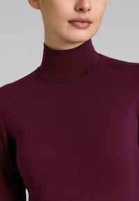 Top bordeaux con collo alto realizzato in un tessuto morbido ed elastico; design aderente con maniche lunghe, senza motivi né dettagli.