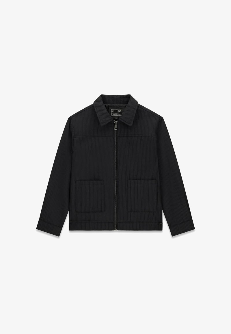 Veste noire zippée avec col, manches longues et deux poches carrées à l'avant, avec une texture subtile à rayures verticales.