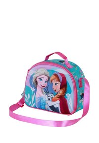 Sac en tissu doux rose et turquoise avec des personnages de Frozen, fermeture à zip et bandoulière amovible. Forme ronde avec poignées latérales.