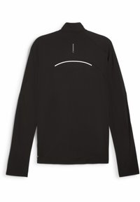 Schwarz langärmliges Sportshirt mit hohem Kragen, glatter Textur, reflektierenden weißen Akzenten und einer Rückentasche zur Aufbewahrung.