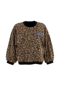 Giacca bomber con stampa leopardata in beige e nero, dotata di chiusura con zip, polsini a coste e un piccolo etichetta blu sul petto sinistro. Tessuto morbido.