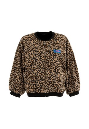 Giacca bomber con stampa leopardata in beige e nero, dotata di chiusura con zip, polsini a coste e un piccolo etichetta blu sul petto sinistro. Tessuto morbido.