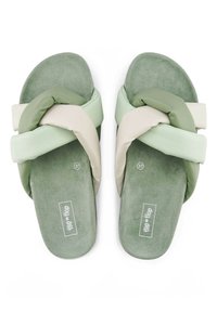 Green and cream sandals with braided straps, soft texture, and a flat footbed. Includes size 37 marking on the footbed.