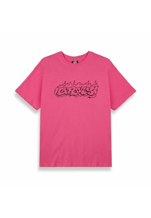 Pink cotton t-shirt with short sleeves and a crew neckline. Features black flame-style graphic text centered on the front.