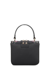 Borsa in pelle nera con manico superiore, dettagli con borchie e accenti in ricamo floreale. Forma rettangolare con una texture liscia.