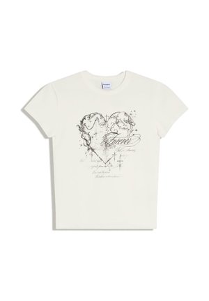 White fitted t-shirt with a black ornate heart design and the word "Forever" in cursive script on the front.