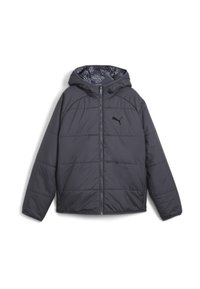 Grå puffjacka med huva, med en svart Puma-logotyp på bröstet och mönstrad foder. Dragkedjestängning och lätt design.