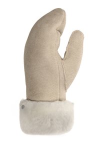 Beige Wildlederhandschuhe mit einem weichen weißen Fellbund. Das Design verfügt über eine Drei-Finger-Anordnung für verbesserte Wärme und Griff.