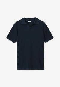 Navy blue short-sleeve polo shirt with a ribbed texture, collared neckline, and a v-shaped placket. Simple design and solid color.