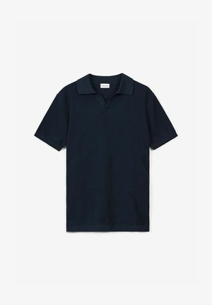 Marineblå kortærmet polo shirt med ribbet tekstur, krave og V-formet lukning. Simpelt design og ensfarvet.