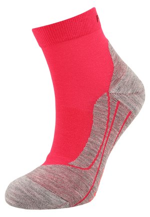 Calcetín de tobillo rosa con un talón y punta texturizados en gris. Presenta costuras reforzadas y un ajuste ceñido alrededor del tobillo para mayor comodidad.