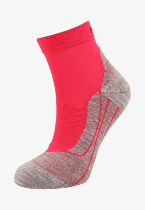 Calcetín de tobillo rosa con un talón y punta texturizados en gris. Presenta costuras reforzadas y un ajuste ceñido alrededor del tobillo para mayor comodidad.