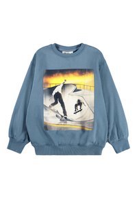 Blå bomullshettegenser med grafisk trykk av skateboardere mot en solnedgangsbakgrunn. Ribbestrikkede mansjetter og hals, løs passform.