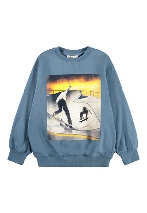 Blå bomullshettegenser med grafisk trykk av skateboardere mot en solnedgangsbakgrunn. Ribbestrikkede mansjetter og hals, løs passform.