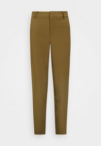 Bruna, slim-fit byxor med en slät struktur, platt framsida och bältesöglor. Enfärgad design utan synliga mönster eller detaljer.