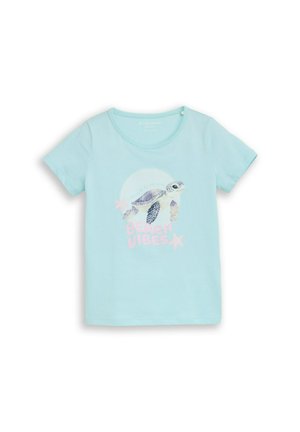 Light blue short-sleeve child’s T-shirt with a sea turtle graphic and pink text reading "Beach Vibes" with starfish accents.