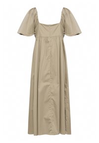 Robe beige à manches bouffantes avec encolure carrée, silhouette fluide et fermeture éclair au dos, fabriquée à partir d'un tissu lisse avec une texture minimale.