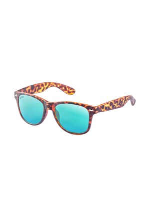 Tortoiseshell sunglasses with blue mirrored lenses, featuring a classic shape, sturdy arms, and a smooth, glossy finish.