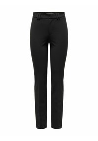 Pantaloni neri su misura con una superficie in tessuto liscia, vestibilita' slim e dettagli cuciti in vita per un aspetto strutturato.