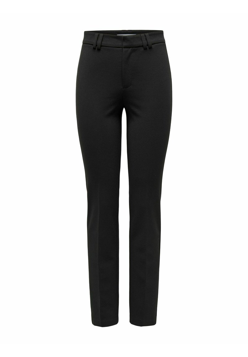 Pantaloni neri su misura con una superficie in tessuto liscia, vestibilita' slim e dettagli cuciti in vita per un aspetto strutturato.