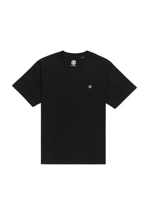 Camiseta de algodón negra con cuello redondo y mangas cortas. Un pequeño logotipo está impreso de forma sutil en el pecho. Textura suave.