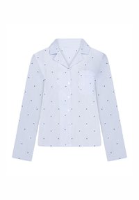 Πουκάμισο πυτζάμας με μπλε και άσπρες ρίγες, μακριά μανίκια, γιακά με άνοιγμα και μικρά μοτίβα καρδιάς. Διαθέτει τσέπη μπροστά και κλείσιμο με κουμπιά.