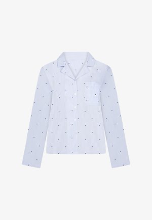 Blauw-wit gestreept pyjamashirt met lange mouwen, een kraag met inkeping en kleine hartjespatronen. Voorzien van een borstzak en knoopsluiting.