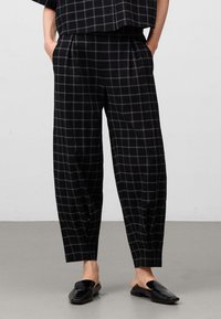 Zwart- en grijs geruite broek met een losse pasvorm, voorzien van plooien en zijzakken, gemaakt van een textuurstof. Gestoeld met donkere loafers.