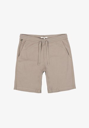 Pantalones cortos beige de tela texturizada, con cintura elástica y cordón, dos bolsillos laterales y un diseño limpio y sencillo.