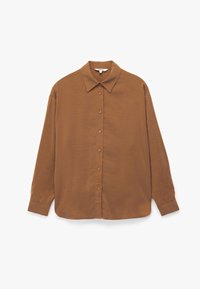 Bruine lange mouwen shirt met een puntige kraag, voorkant met knoopsluiting en een zachte stoftextuur. Heeft een brede, relaxte pasvorm en een rechte zoom.