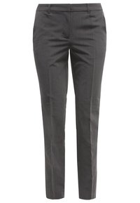 Pantalon de tailleur gris foncé avec passants de ceinture, plis avant et coupe slim à jambe droite.