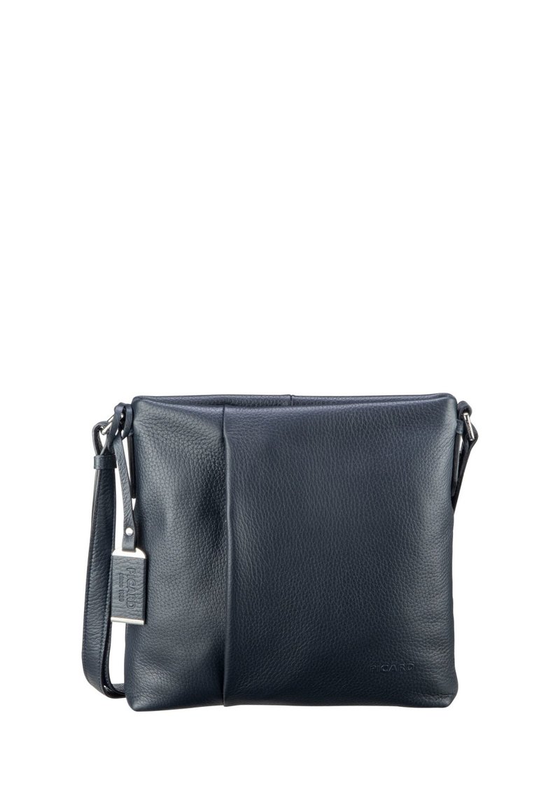 Black leather crossbody bag, rectangular shape, textured surface, featuring a single strap, and branded tag on the side.