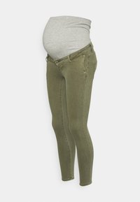 Olíva zöld kismama skinny farmerek, szürke jersey panelekkel a kényelem érdekében. Sima textúra, karcsú szabás, hagyományos zsebkialakítással.