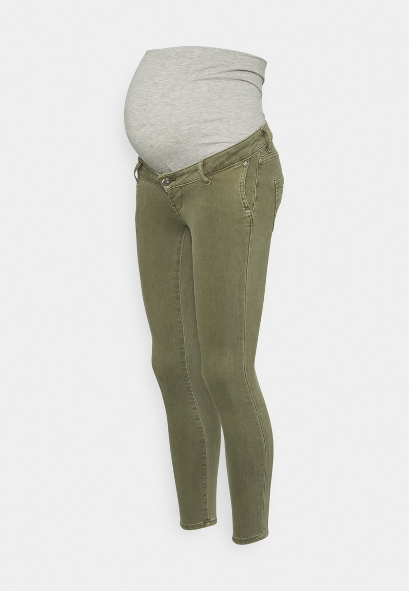 Olíva zöld kismama skinny farmerek, szürke jersey panelekkel a kényelem érdekében. Sima textúra, karcsú szabás, hagyományos zsebkialakítással.
