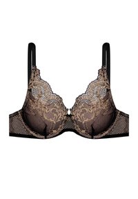 Spitzen-Bügel-BH mit einem Haut- und Schwarzdesign, das florale Muster aufweist, verstellbare Träger und einen transparenten Mesh-Rücken hat.