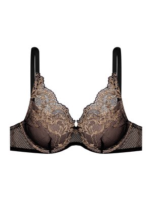 Koronkowy biustonosz na drutach w kolorze nude i czarnym, z kwiatowymi wzorami, regulowanymi ramiączkami i przezroczystym siateczkowym tyłem.