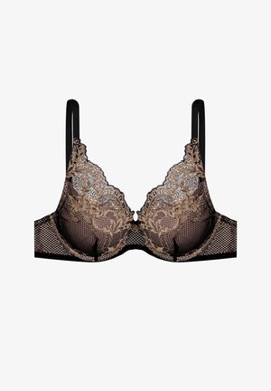 Lace underwire bra with a nude and black design, featuring floral patterns, adjustable straps, and a sheer mesh back.