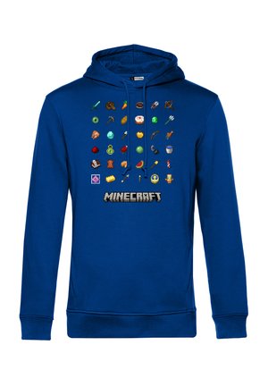 Sudadera azul con iconos de pixelart de Minecraft en colores vibrantes en la parte delantera. Incluye capucha con cordones y puños acanalados.