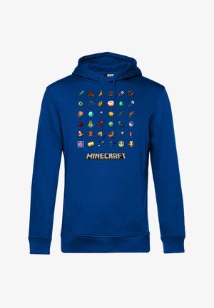 Sudadera azul con iconos de pixelart de Minecraft en colores vibrantes en la parte delantera. Incluye capucha con cordones y puños acanalados.