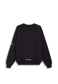 Sudadera negra con cuello redondo, mangas largas, puños y dobladillo acanalados. El texto "¡HEY, AMIGO!" está bordado en la parte inferior. Tejido suave.
