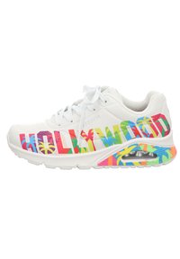 Weißer Sneaker mit buntem "HOLLYWOOD"-Schriftzug und Palmenblattmustern. Verfügt über eine runde Zehenpartie, Schnürdesign und sichtbare Luftpolster.
