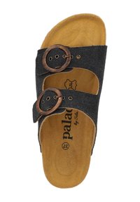 Sandale à glissière en tissu noir avec deux grandes boucles brunes, un semelle intérieure texturée et une semelle lisse beige. Présente un logo sur la semelle intérieure.