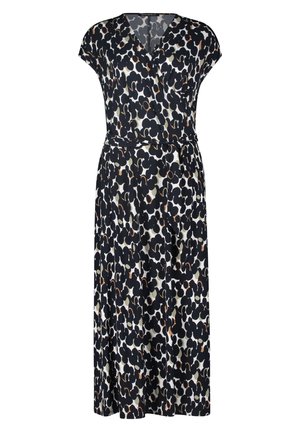 Czarno-biała sukienka midi kopertowa z krótkimi rękawami i abstrakcyjnym kwiatowym wzorem, z dopasowanym materiałowym paskiem w talii.