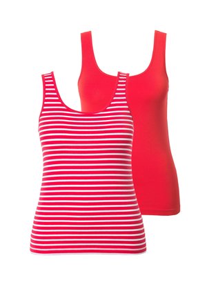 Dwa damskie bezrękawniki, jeden w jednolitym czerwonym kolorze, a drugi czerwony w białe poziome paski, prezentowane na białym tle.