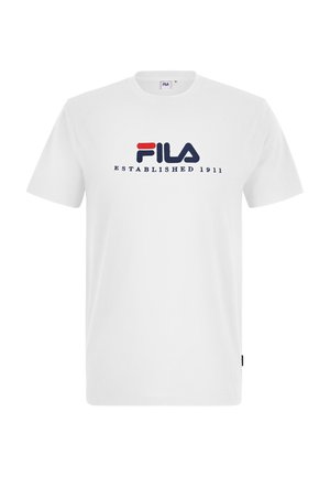 White cotton t-shirt featuring blue and red FILA logo, with "ESTABLISHED 1911" text below, crew neck, short sleeves, and a straight cut.