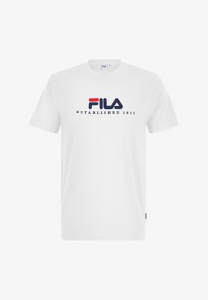 White cotton t-shirt featuring blue and red FILA logo, with "ESTABLISHED 1911" text below, crew neck, short sleeves, and a straight cut.