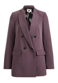 Dubbelknäppt blazer i lila tyg, med två framfickor, svarta knappar och ett mönstrat foder synligt vid kragen.