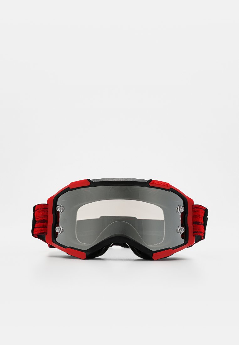 Schutzbrille mit einem schwarz-roten Rahmen, klaren Gläsern, verstellbarem gestreiften Band und Belüftungsöffnungen an den Seiten.